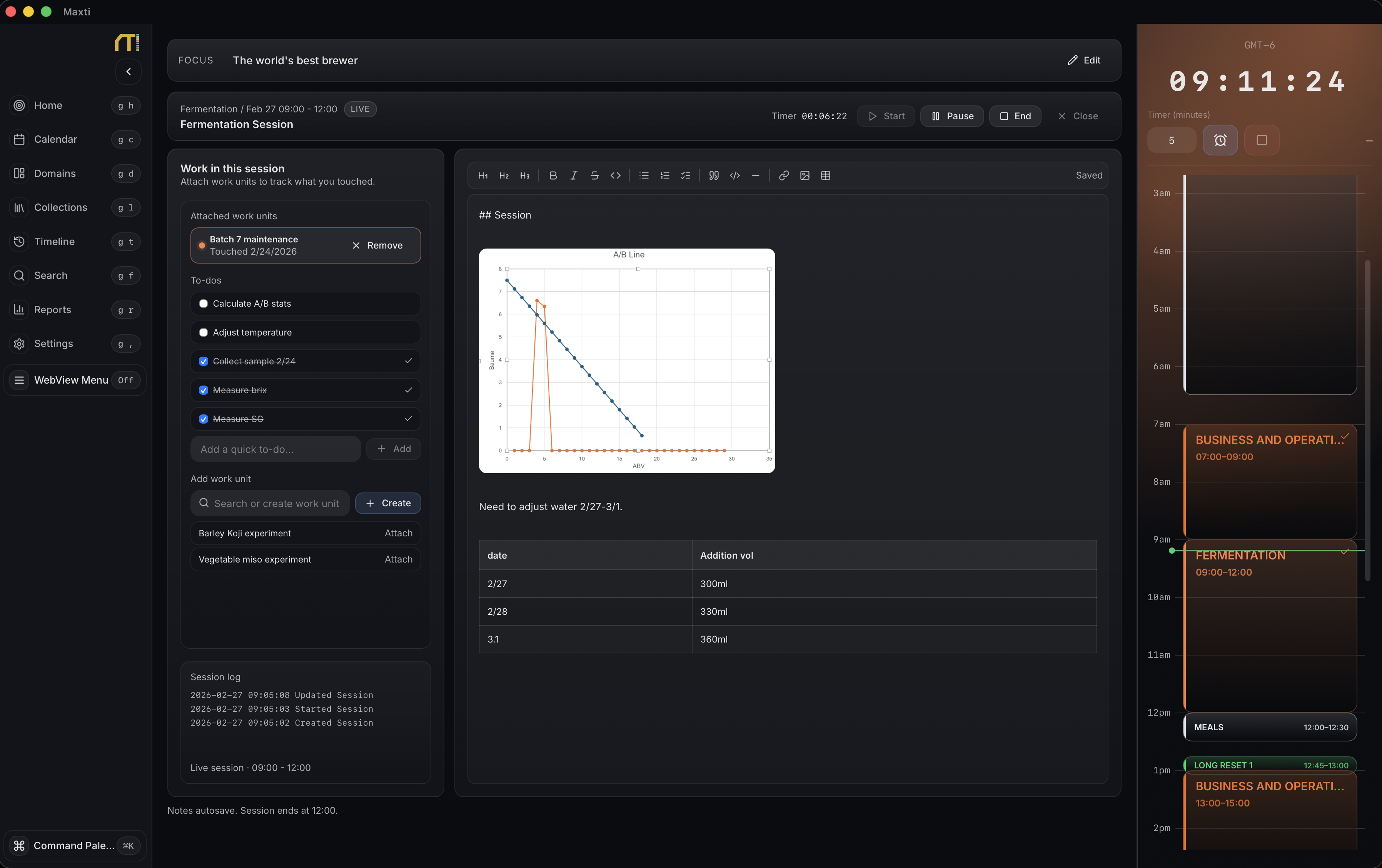Maxti — active work session with timer and notes